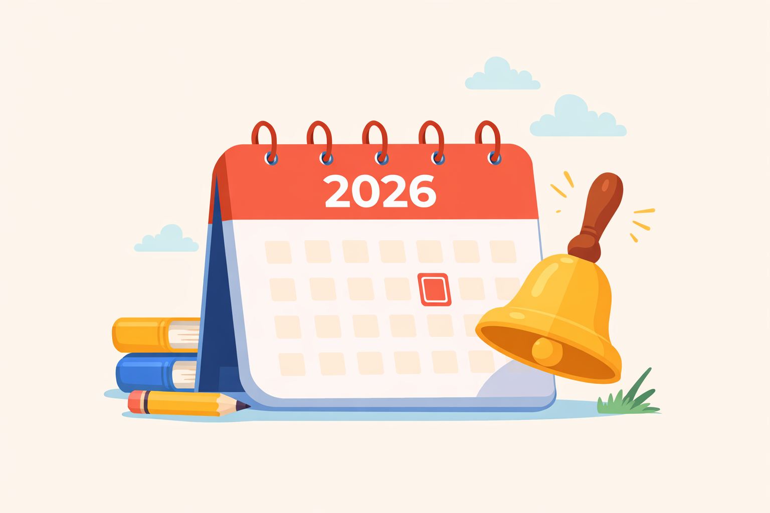 Calendario visual de planificación 2026 que muestra las fechas de inicio y término de trimestres y recesos, con un diseño colorido y tono informativo